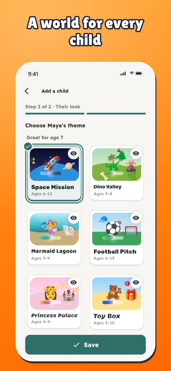 Choosing a world for a child: Space Mission, Dino Valley, Mermaid Lagoon, Football Pitch and more. Caption: A world for every child.